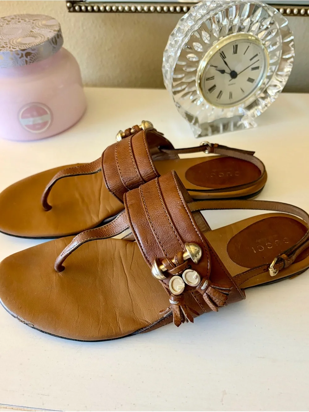 Gucci Brown Leather Thong Sandals with Gold Accents